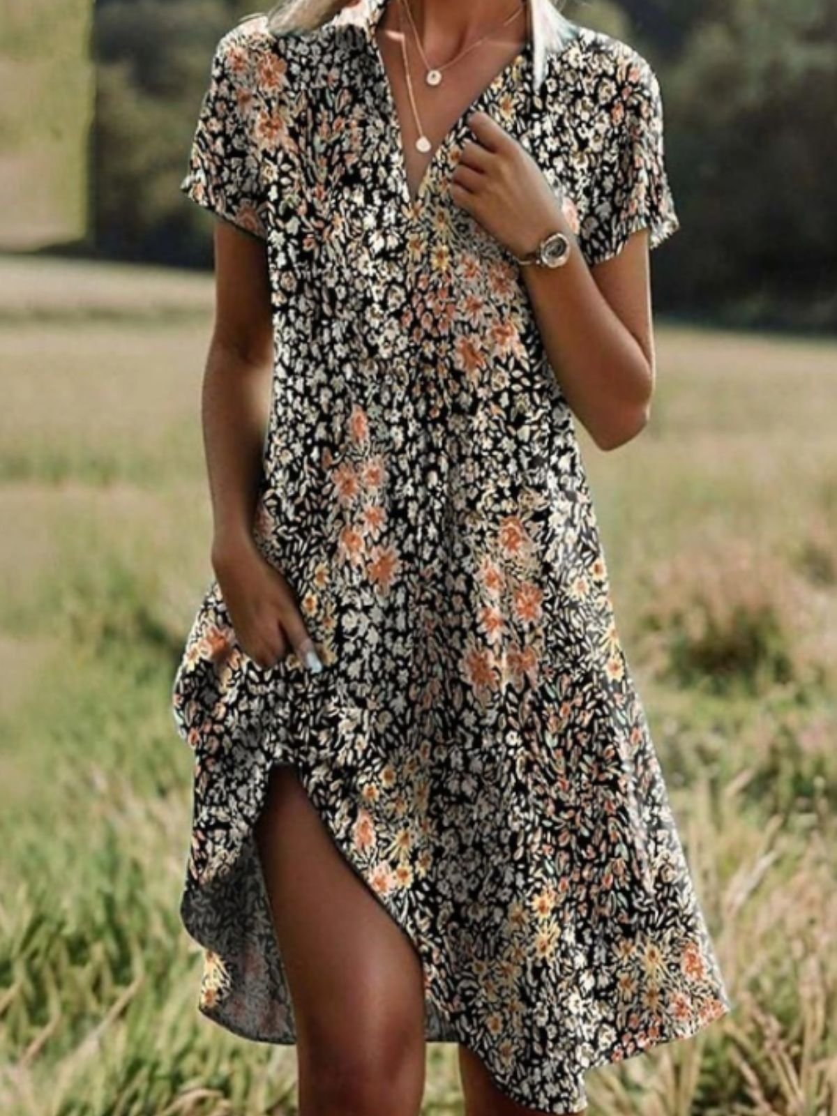Femmes Floral Brun Col de Chemise Confortable Robe Mi-Longue Décontracté