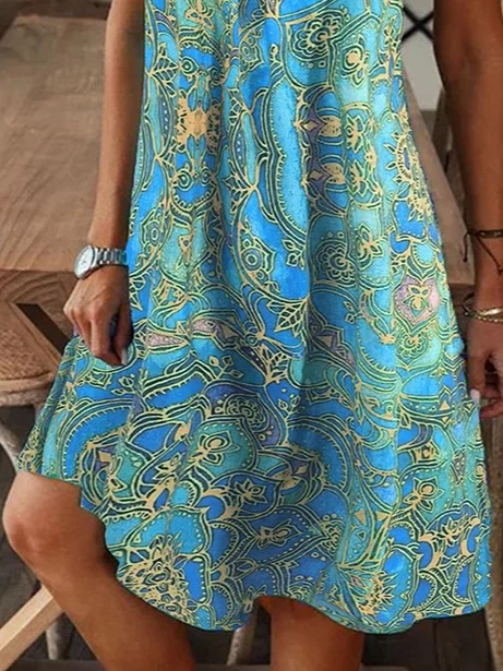 Femmes Floral Cyan Col V Confortable Imprimé Robe de Longueur Au Genou Décontracté