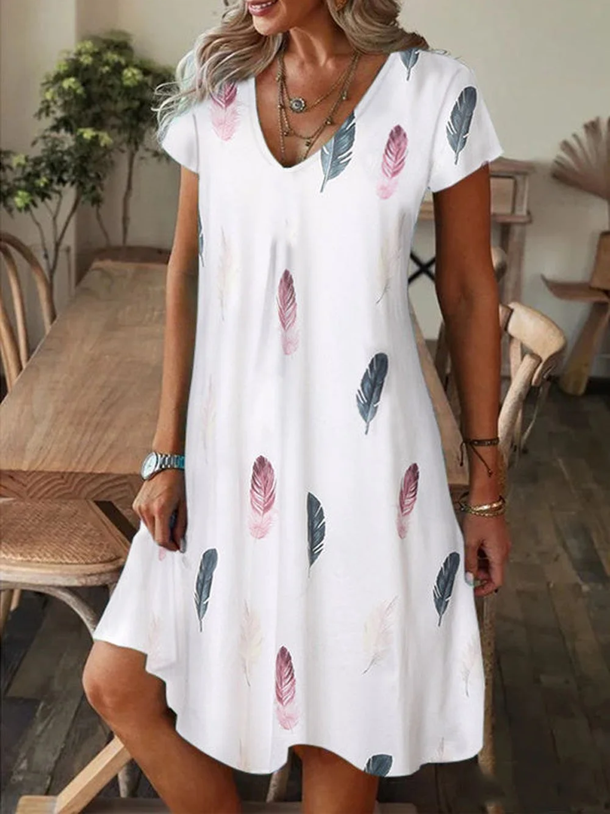 Femmes à Motif de Plume Comme Image Col V Confortable Robe Maxi Décontracté