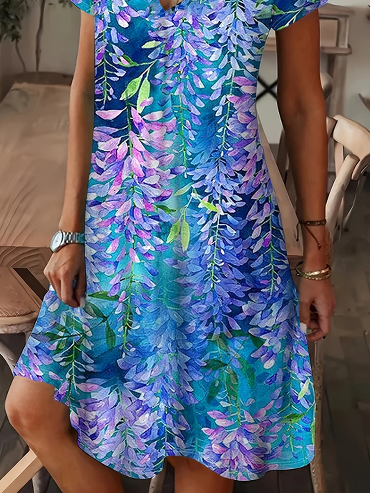 Femmes Floral Comme Image Col V Confortable Robe Maxi Décontracté