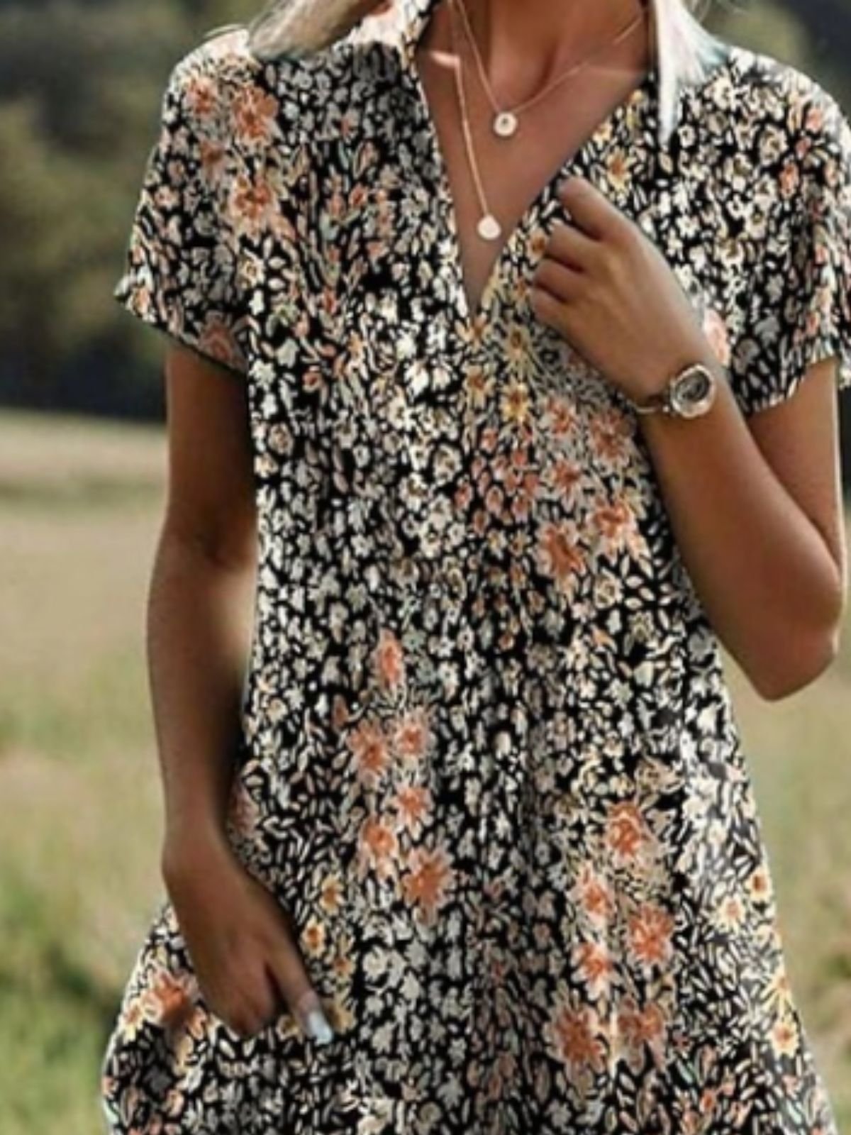 Femmes Floral Brun Col de Chemise Confortable Robe Mi-Longue Décontracté