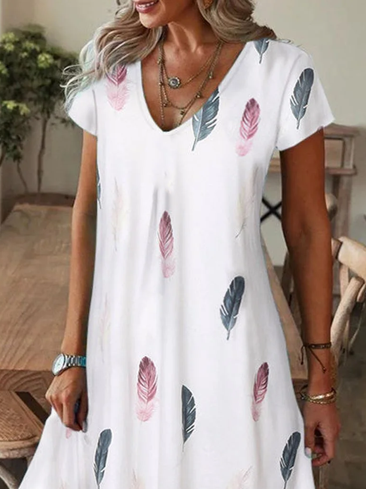 Femmes à Motif de Plume Comme Image Col V Confortable Robe Maxi Décontracté