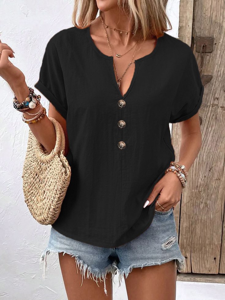 T-shirts en Lin Plain Été Polyester Col V Micro-élasticité Manches Courtes Droit Régulier pour Femmes