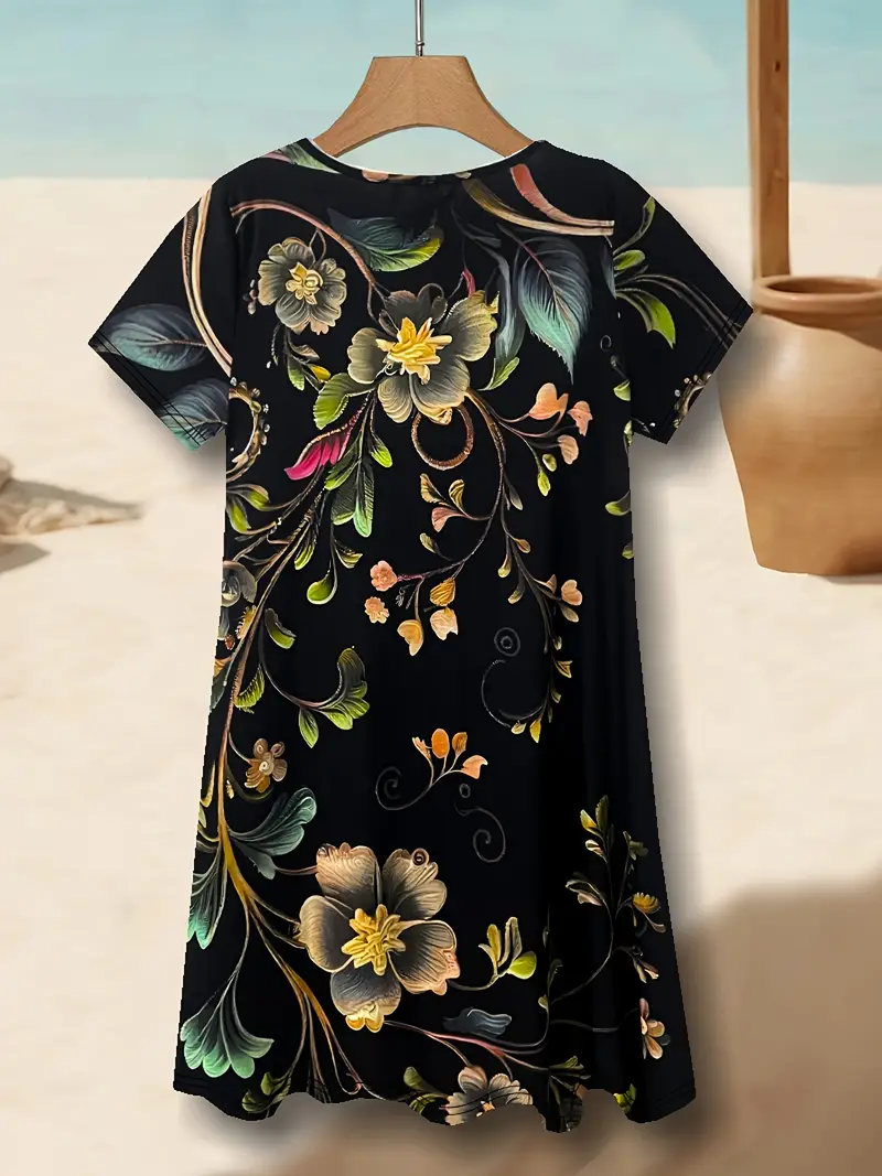 Femmes Floral Comme Image Col V Confortable Robe Mi-Longue Décontracté