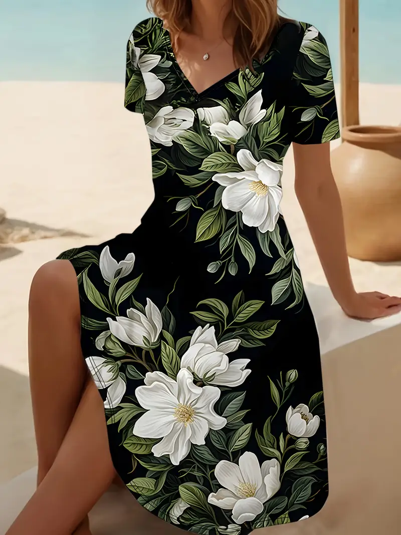 Femmes Floral Rouge Col V Confortable Robe Mi-Longue Décontracté