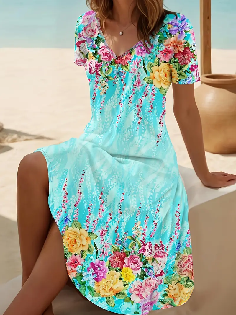 Femmes Floral Comme Image Col V Confortable Robe Mi-Longue Décontracté
