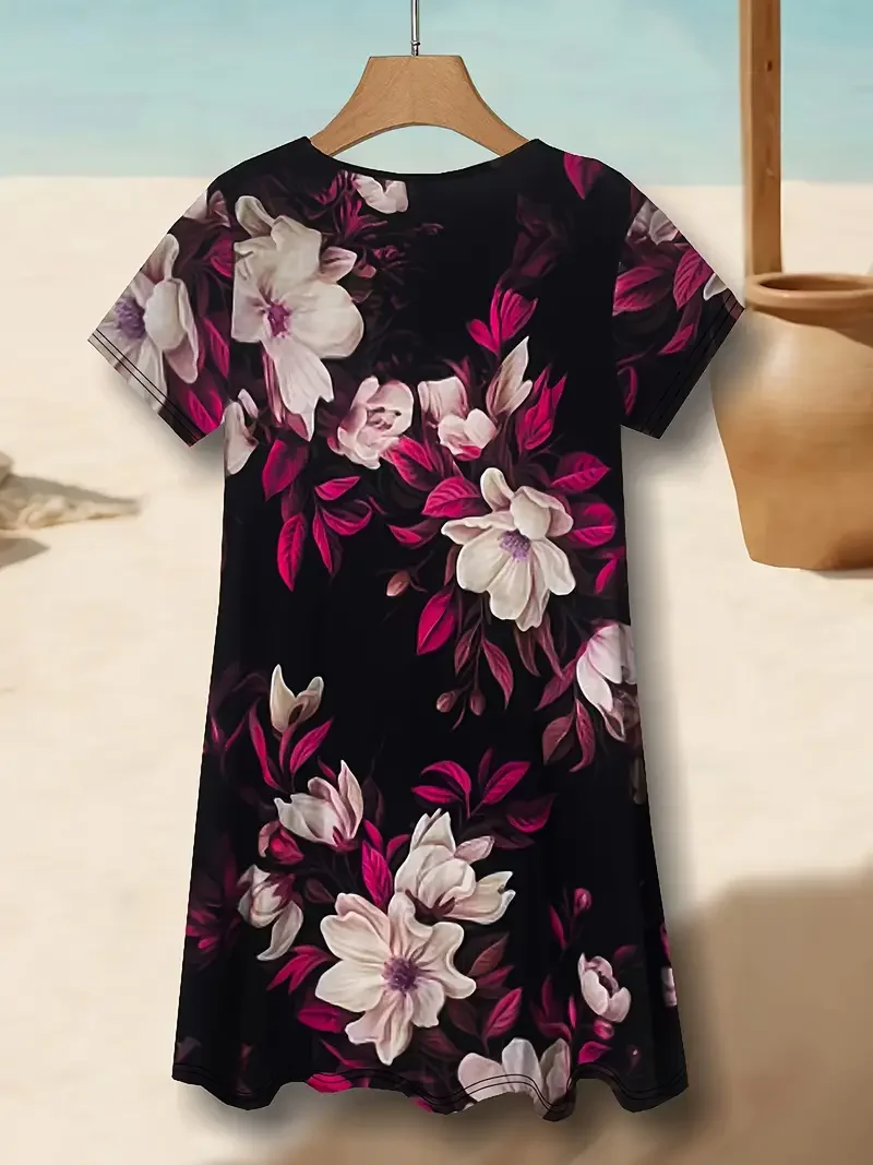Femmes Floral Rouge Col V Confortable Robe Mi-Longue Décontracté