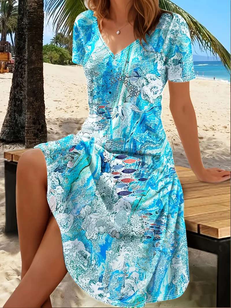 Femmes Marin Vie Comme Image Col V Confortable Robe Mi-Longue Décontracté