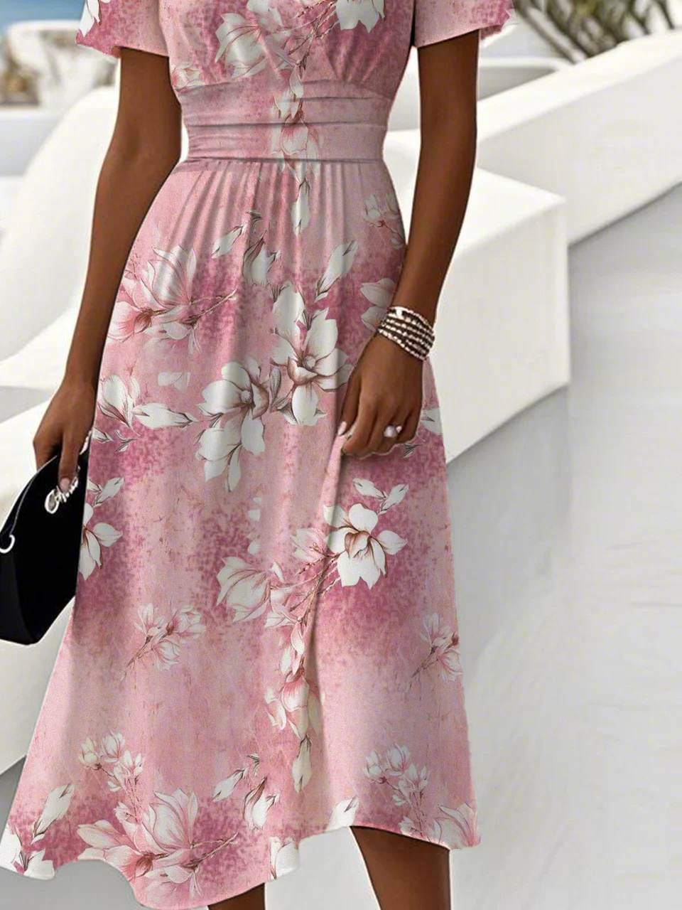Femmes Floral Rose Col V Confortable Robe Maxi Décontracté
