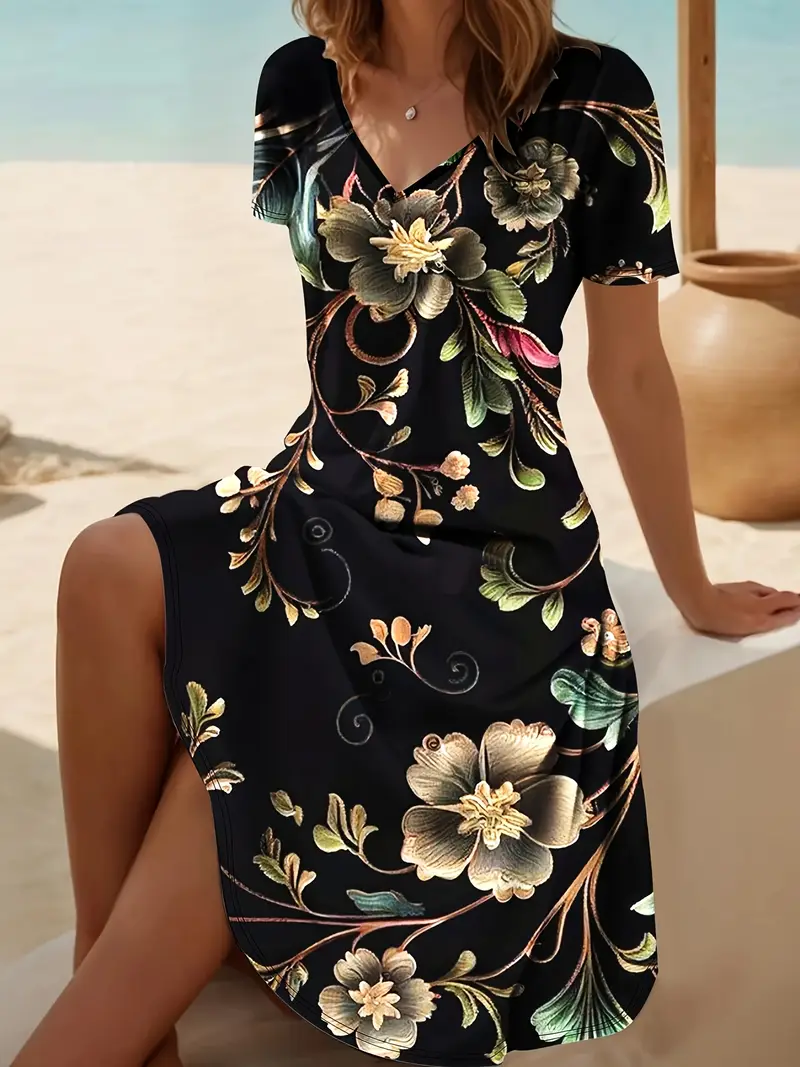 Femmes Floral Comme Image Col V Confortable Robe Mi-Longue Décontracté
