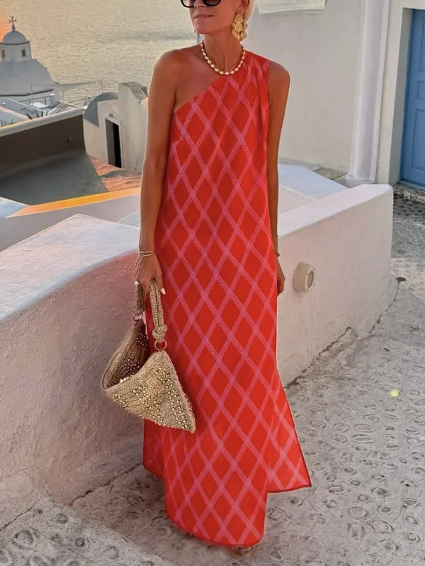 Femmes Géométrique Rouge Une Épaule Dénudée Confortable Robe Maxi Décontracté