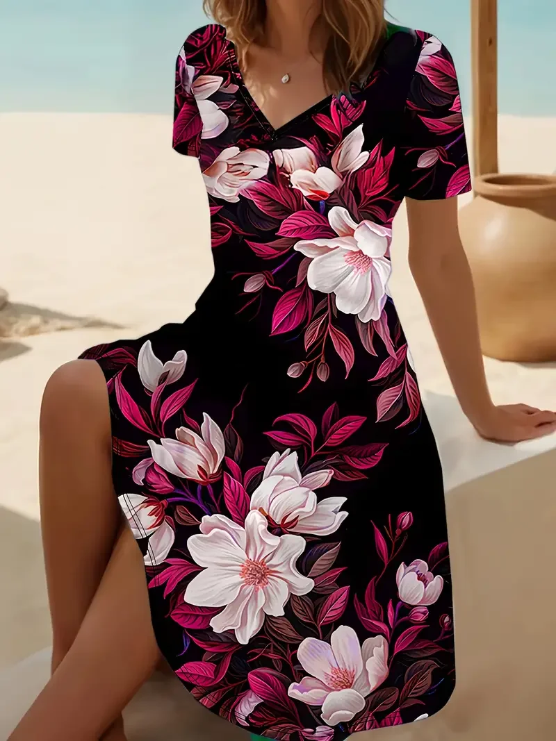 Femmes Floral Rouge Col V Confortable Robe Mi-Longue Décontracté