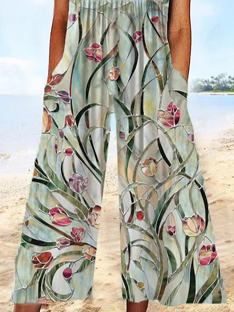 Combinaisons Décontracté Floral Été Imprimé Naturel Micro-élasticité Quotidien Pantalon à la cheville Régulier pour Femmes