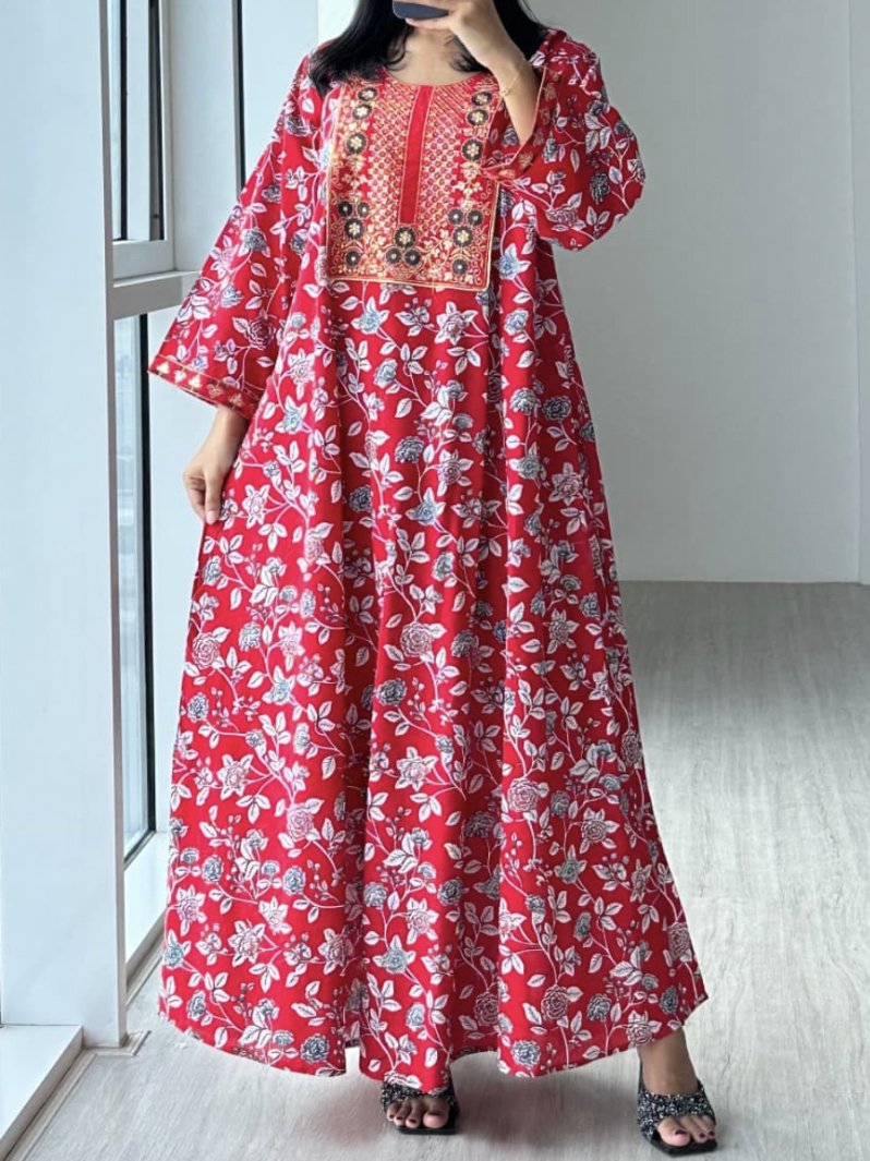 Femmes Floral Rouge Col Rond Confortable Robe Maxi Décontracté
