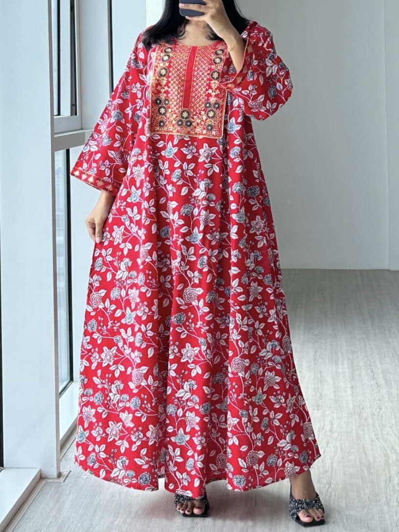 Femmes Floral Rouge Col Rond Confortable Robe Maxi Décontracté
