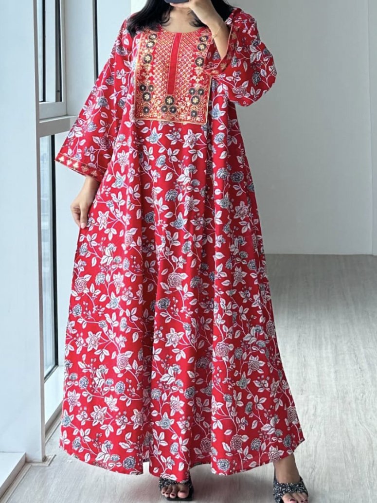 Femmes Floral Rouge Col Rond Confortable Robe Maxi Décontracté