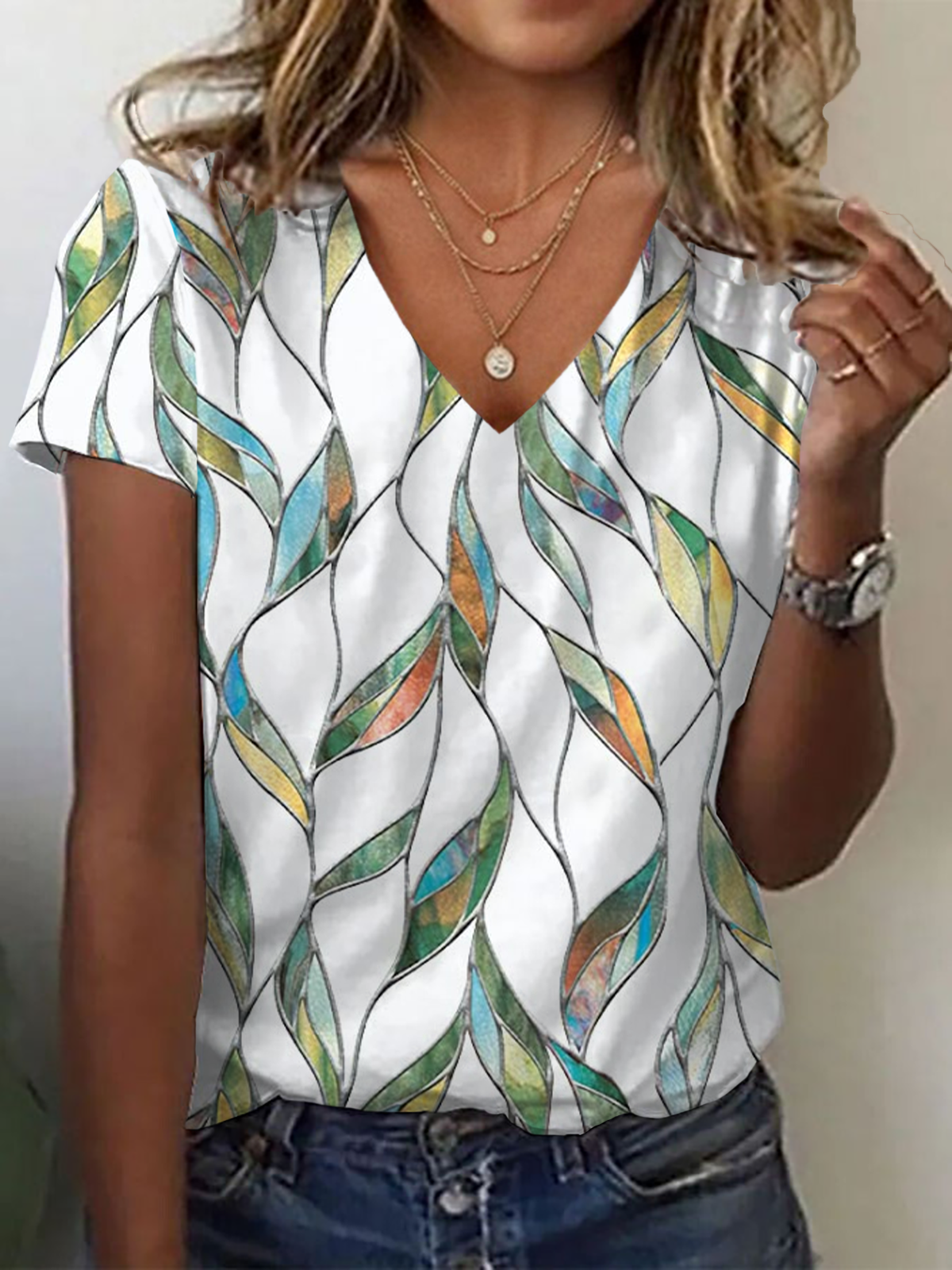 T-shirts Décontracté Floral Été Col V Quotidien Ample Jersey Droit Régulier pour Femmes
