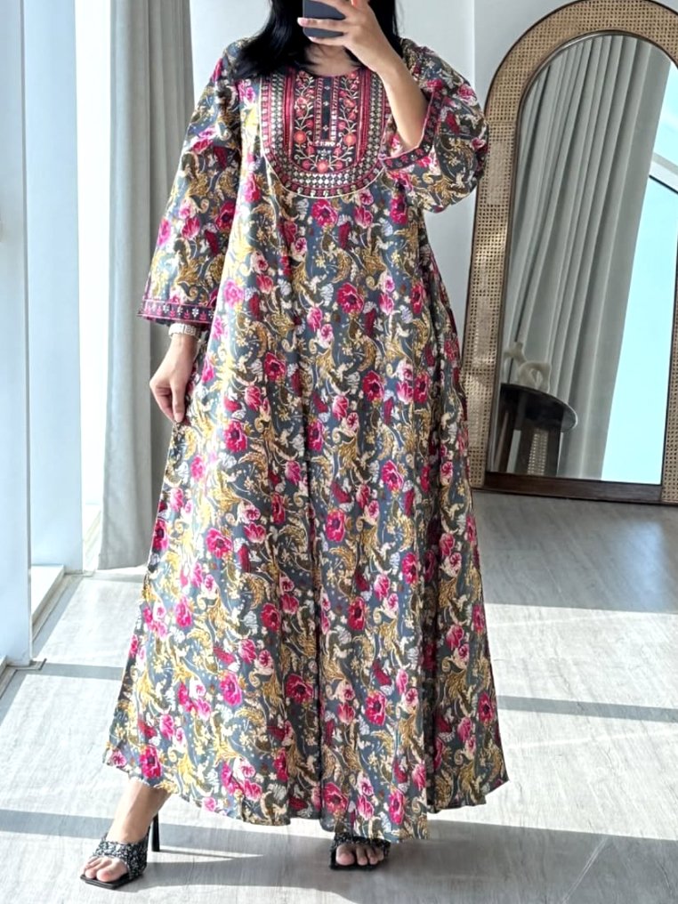 Femmes Floral Bleu Marine Col Rond Confortable Robe Maxi Décontracté