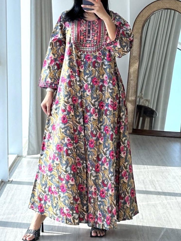 Femmes Floral Bleu Marine Col Rond Confortable Robe Maxi Décontracté