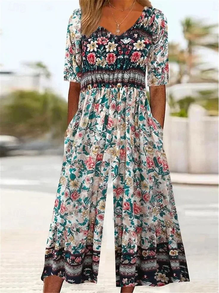 Combinaisons Femmes Décontracté Floral Été Polyester Naturel Quotidien Coupe Régulière Droit Régulier