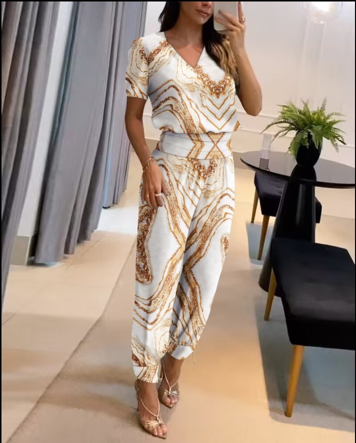 Deux Pièces Ensembles Femmes Géométrique Habillé Été Polyester Rendez-Vous Coupe Régulière Col Rond Top Avec Pantalons Droit