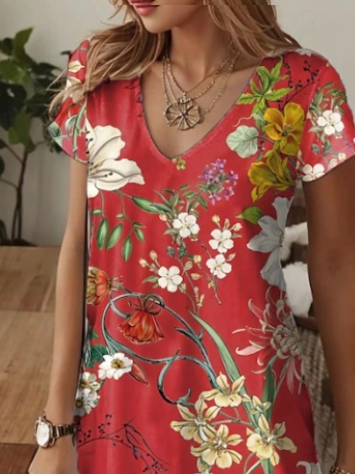 Femmes Floral Rouge Col V Confortable Robe Maxi Décontracté