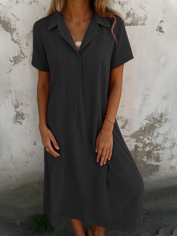 Femmes Plain Noir Col de Chemise Confortable Robe Maxi Décontracté