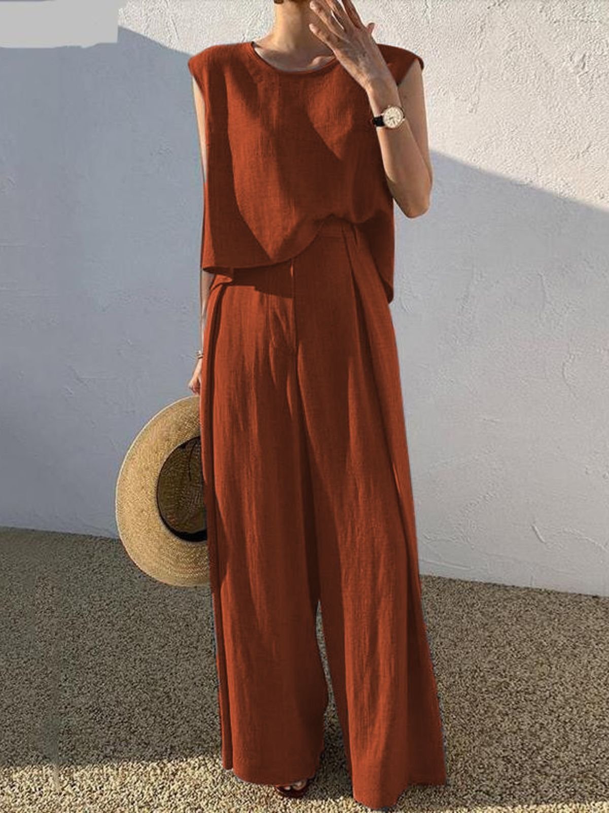 Deux Pièces Ensembles Simple Plain Été en Lin Micro-élasticité Vacances Col Rond Top Avec Pantalons Droit pour Femmes