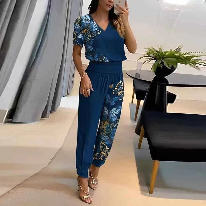Deux Pièces Ensembles Femmes Géométrique Habillé Été Polyester Rendez-Vous Coupe Régulière Col Rond Top Avec Pantalons Droit