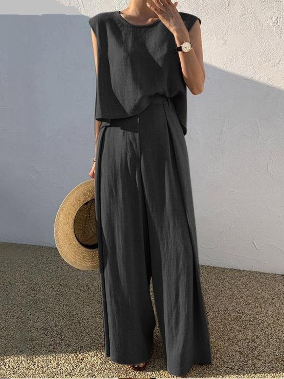 Deux Pièces Ensembles Simple Plain Été en Lin Micro-élasticité Vacances Col Rond Top Avec Pantalons Droit pour Femmes