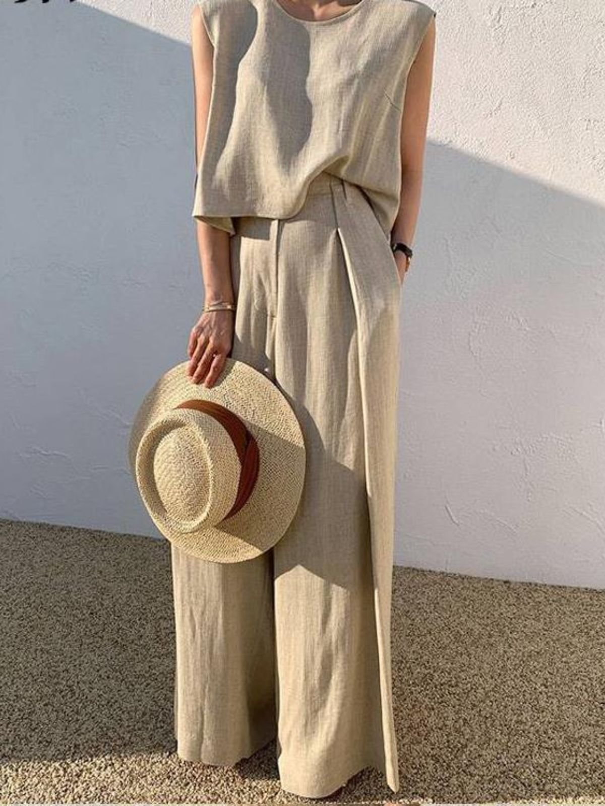 Deux Pièces Ensembles Simple Plain Été en Lin Micro-élasticité Vacances Col Rond Top Avec Pantalons Droit pour Femmes