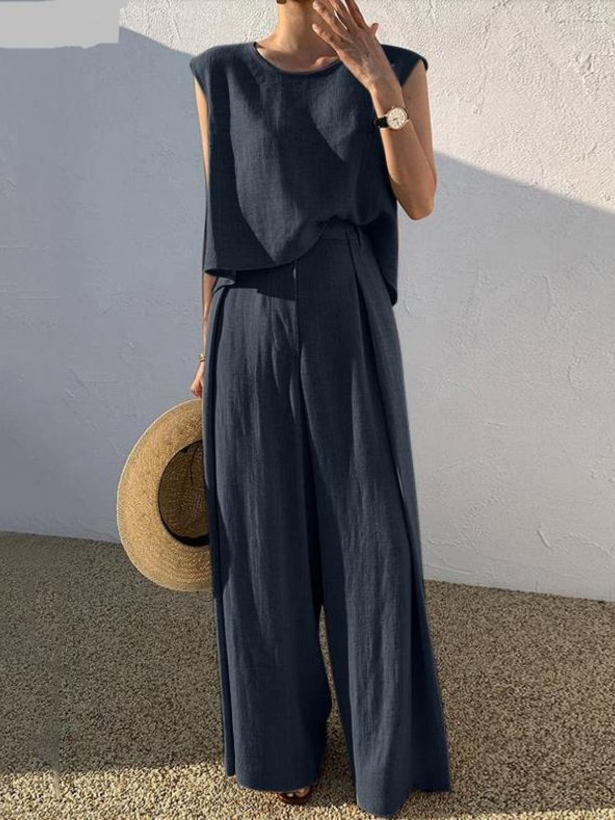 Deux Pièces Ensembles Simple Plain Été en Lin Micro-élasticité Vacances Col Rond Top Avec Pantalons Droit pour Femmes