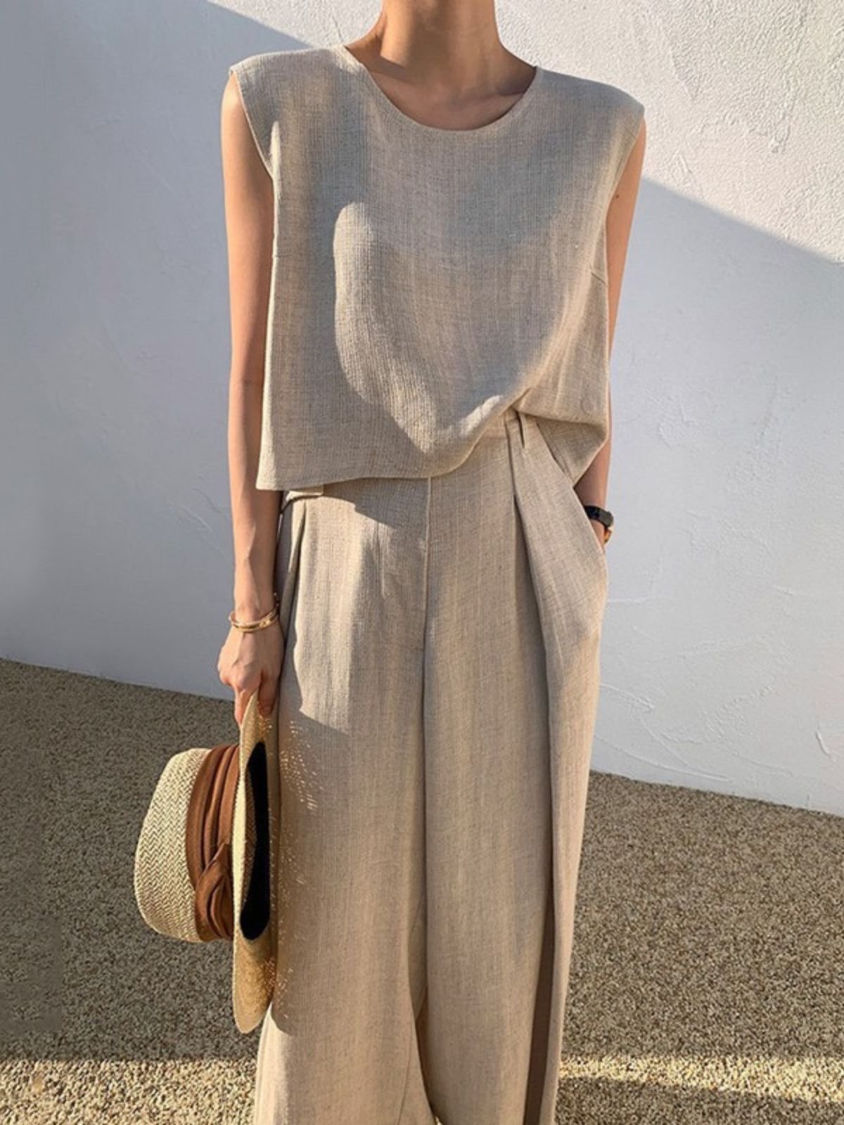 Deux Pièces Ensembles Simple Plain Été en Lin Micro-élasticité Vacances Col Rond Top Avec Pantalons Droit pour Femmes