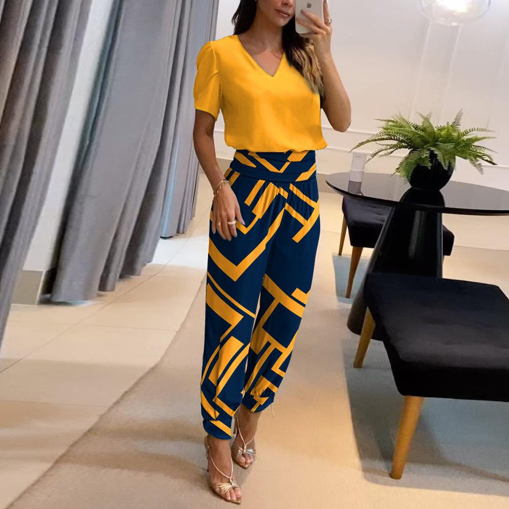 Deux Pièces Ensembles Femmes Géométrique Habillé Été Polyester Rendez-Vous Coupe Régulière Col Rond Top Avec Pantalons Droit