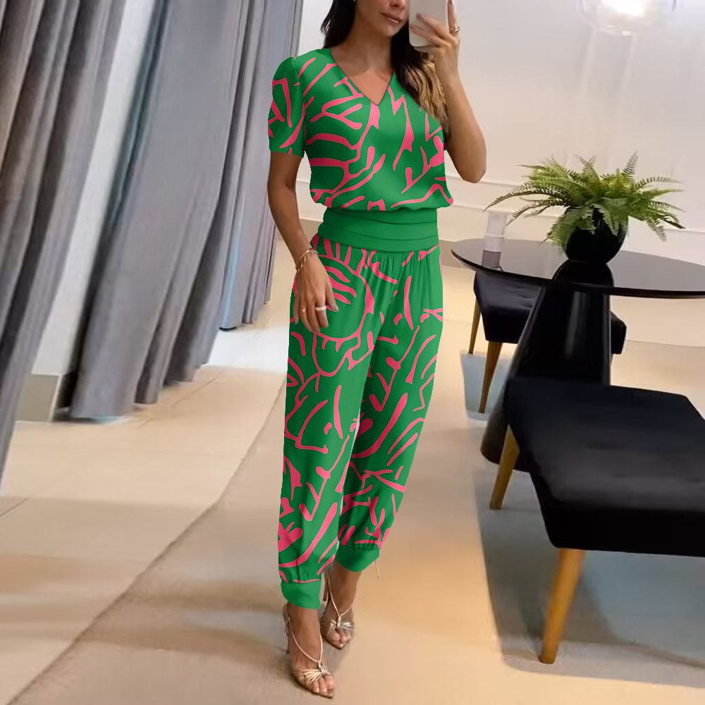 Deux Pièces Ensembles Femmes Géométrique Habillé Été Polyester Rendez-Vous Coupe Régulière Col Rond Top Avec Pantalons Droit