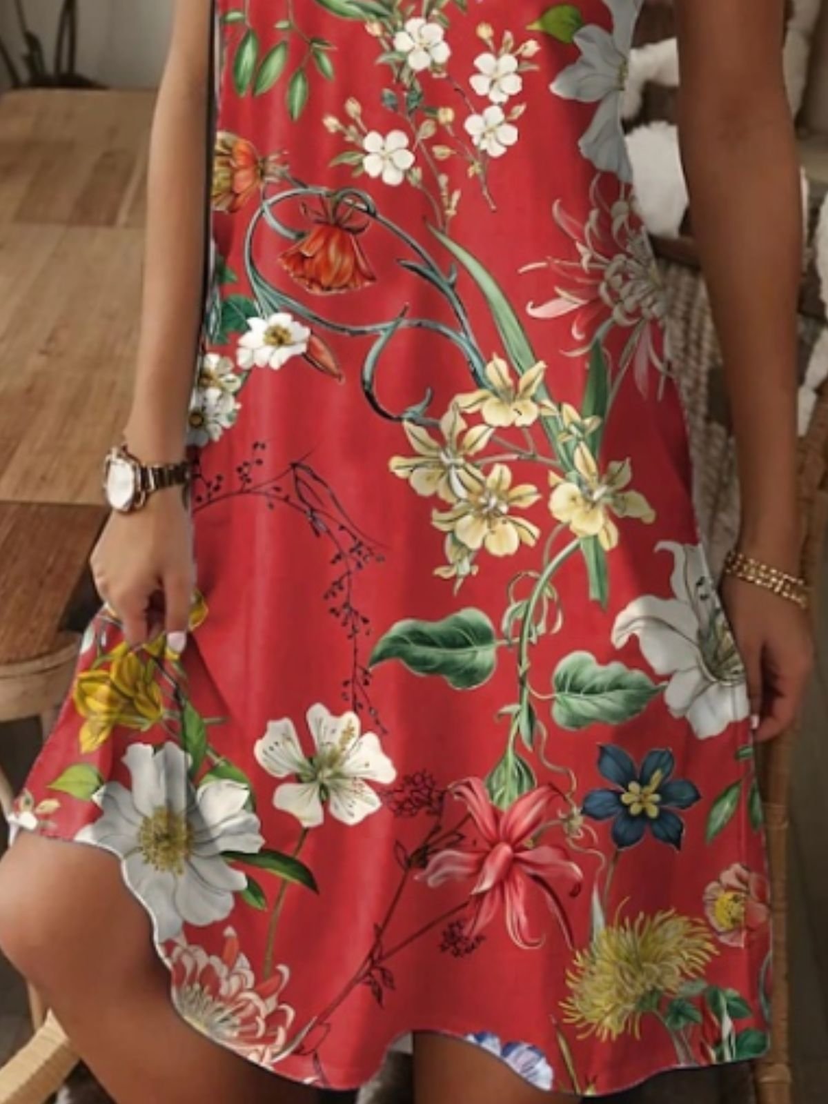 Femmes Floral Rouge Col V Confortable Robe Maxi Décontracté
