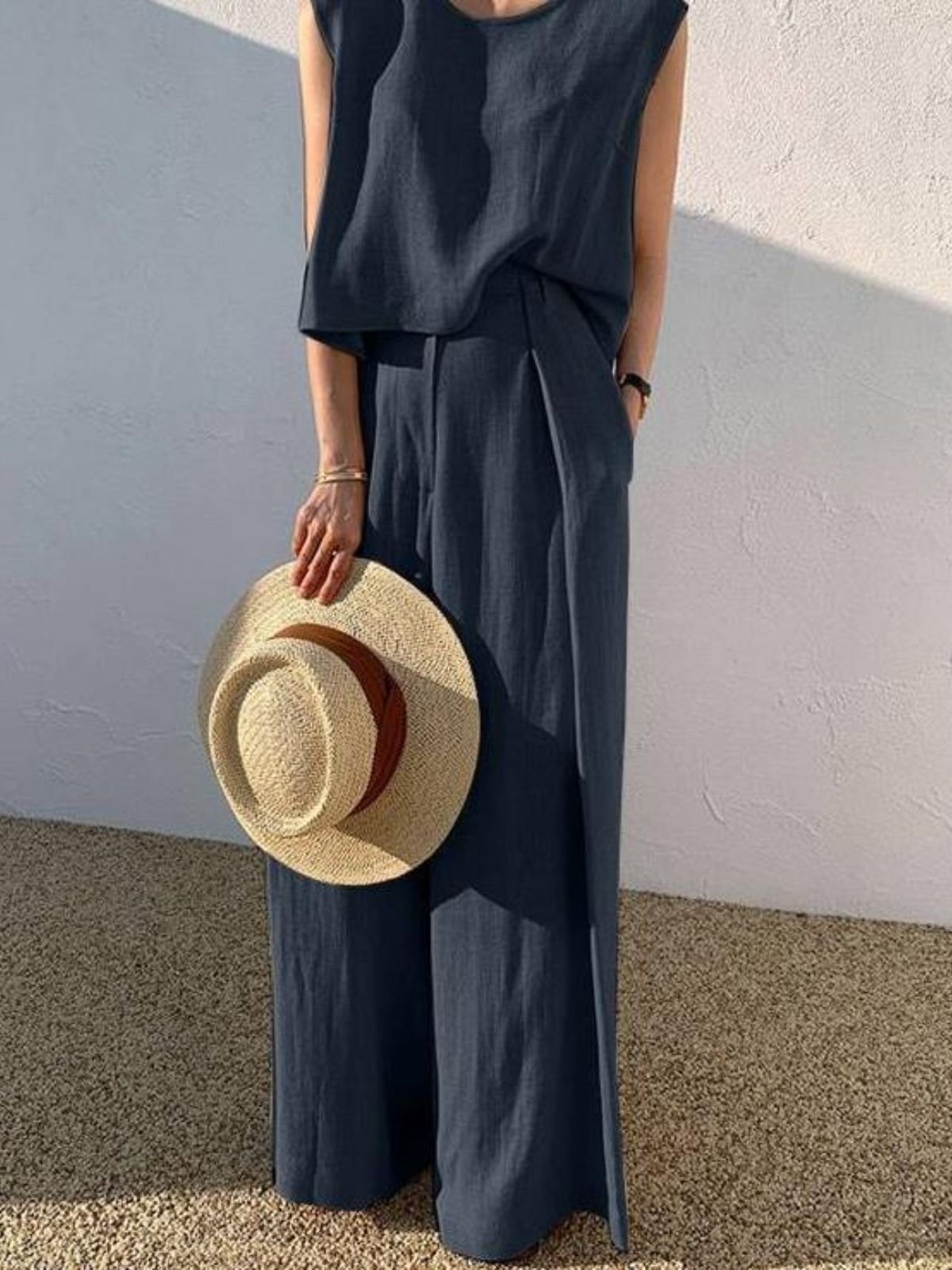 Deux Pièces Ensembles Simple Plain Été en Lin Micro-élasticité Vacances Col Rond Top Avec Pantalons Droit pour Femmes