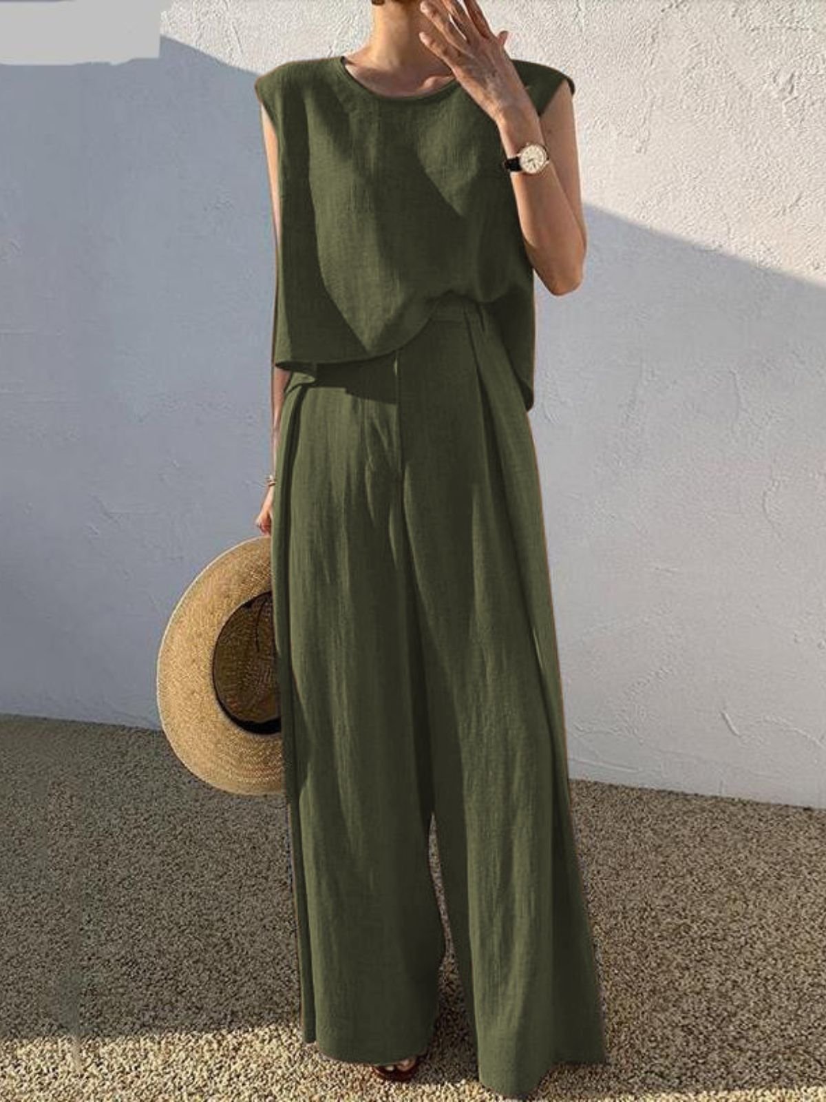 Deux Pièces Ensembles Simple Plain Été en Lin Micro-élasticité Vacances Col Rond Top Avec Pantalons Droit pour Femmes