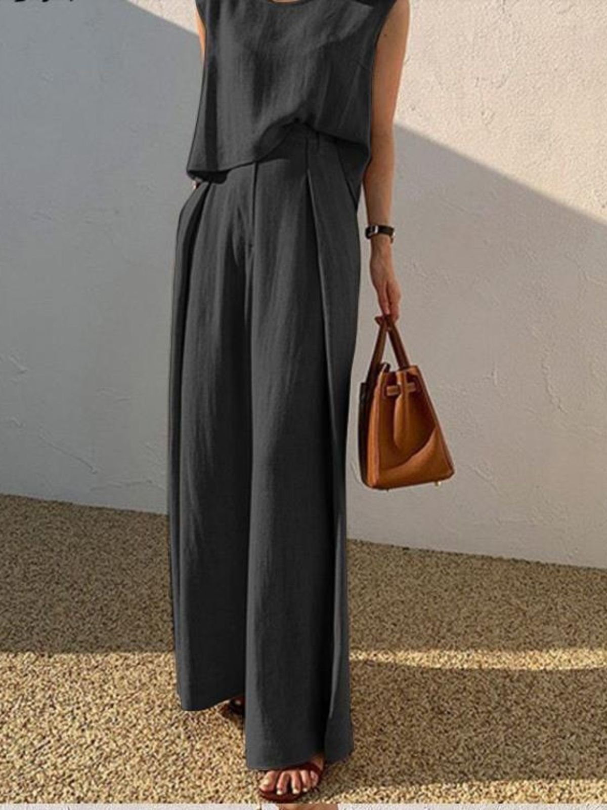 Deux Pièces Ensembles Simple Plain Été en Lin Micro-élasticité Vacances Col Rond Top Avec Pantalons Droit pour Femmes