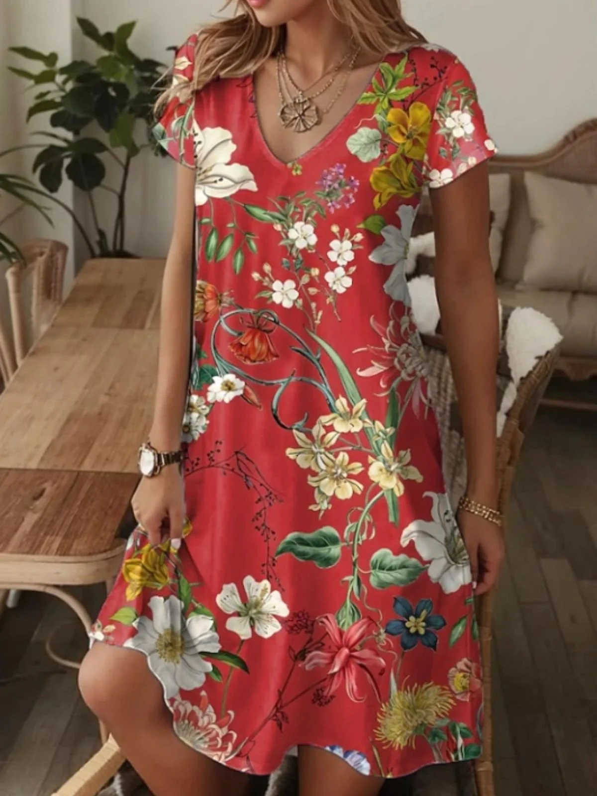 Femmes Floral Rouge Col V Confortable Robe Maxi Décontracté