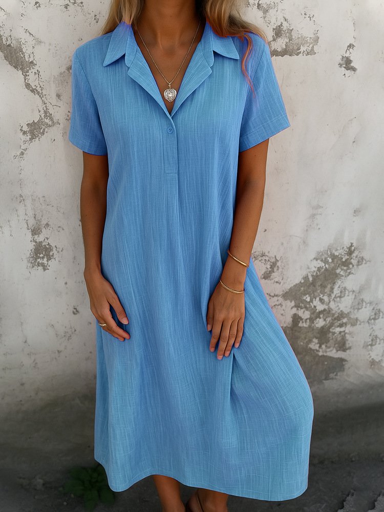 Femmes Plain Noir Col de Chemise Confortable Robe Maxi Décontracté
