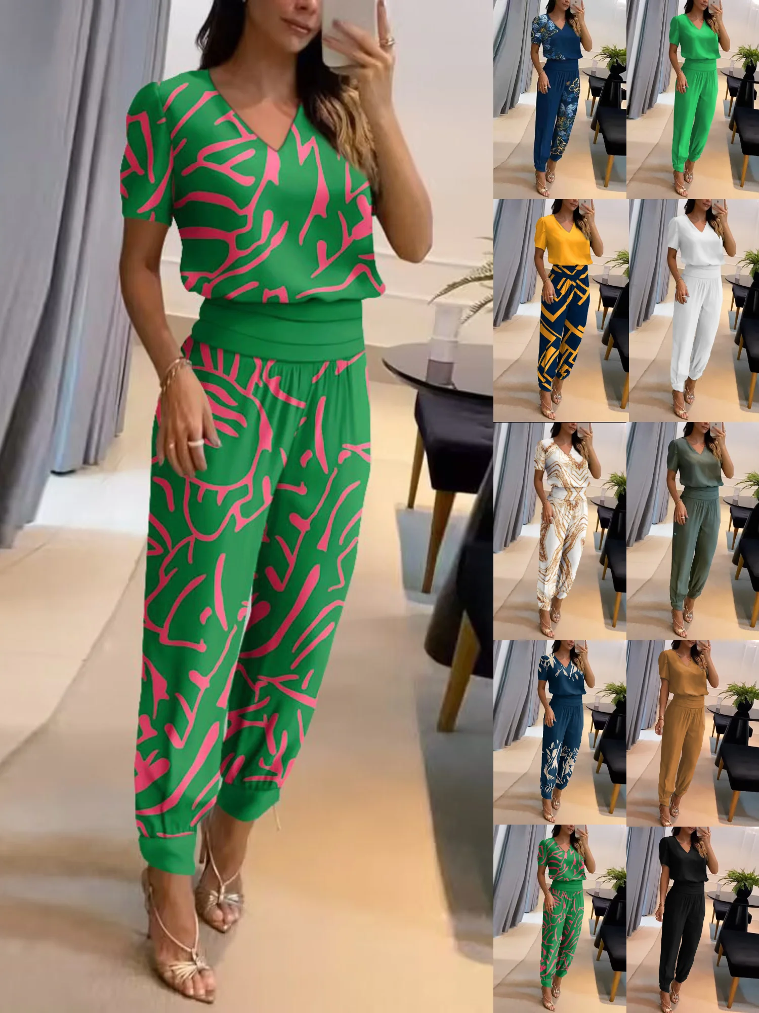 Deux Pièces Ensembles Femmes Géométrique Habillé Été Polyester Rendez-Vous Coupe Régulière Col Rond Top Avec Pantalons Droit