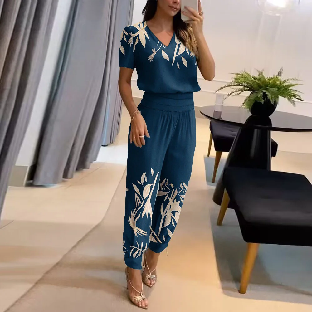 Deux Pièces Ensembles Femmes Géométrique Habillé Été Polyester Rendez-Vous Coupe Régulière Col Rond Top Avec Pantalons Droit