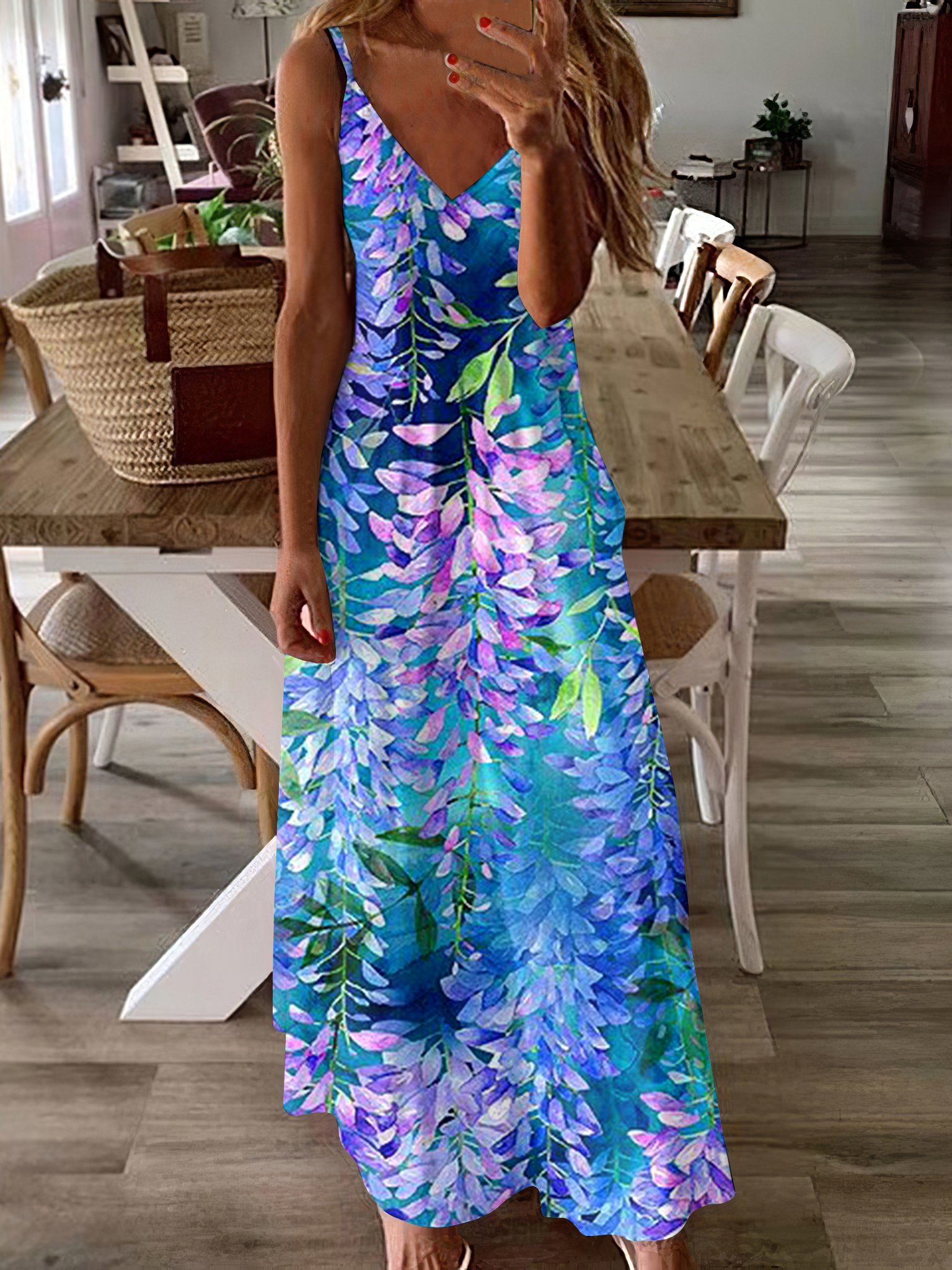 Femmes Floral Bleu à Bretelles Confortable Robe Maxi Décontracté