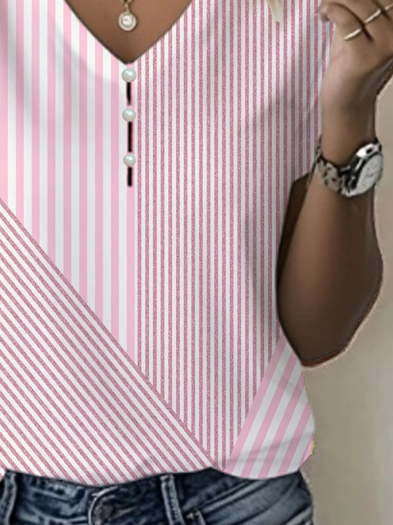 T-shirts Femmes Rayé Décontracté Été Col V Imprimé Micro-élasticité Quotidien Ample Régulier