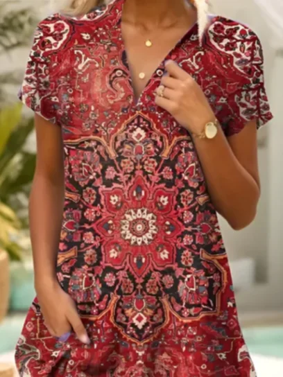 Femmes Floral Rouge Col Châle Confortable Imprimé Robe de Longueur Au Genou Décontracté