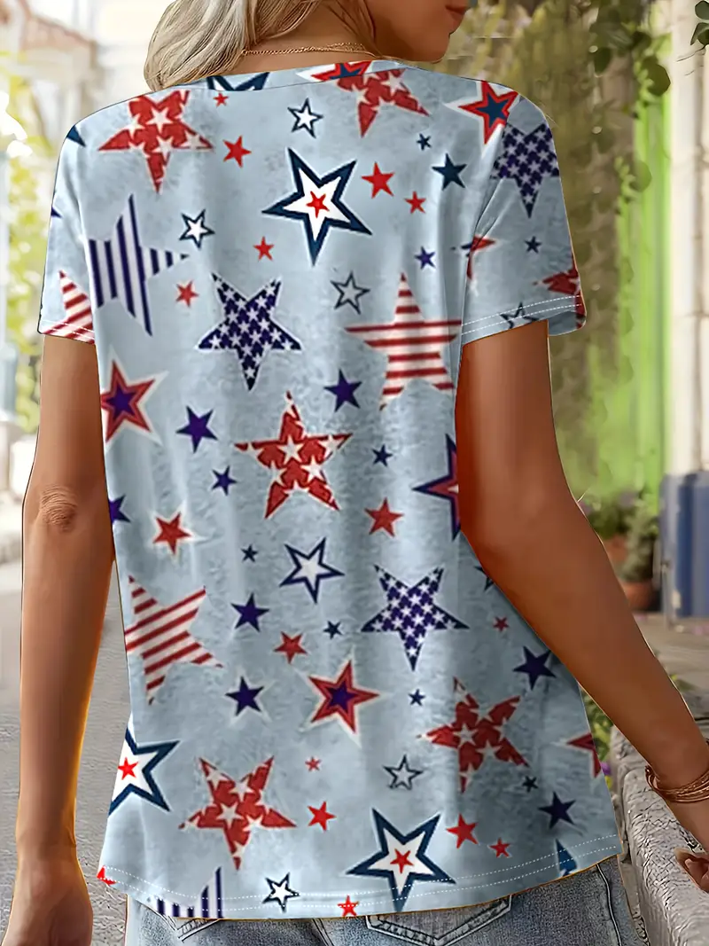 T-shirts Femmes Décontracté Été Drapeau des États-Unis Col V Coupe Régulière Manches Courtes Régulier Trapèze Régulier