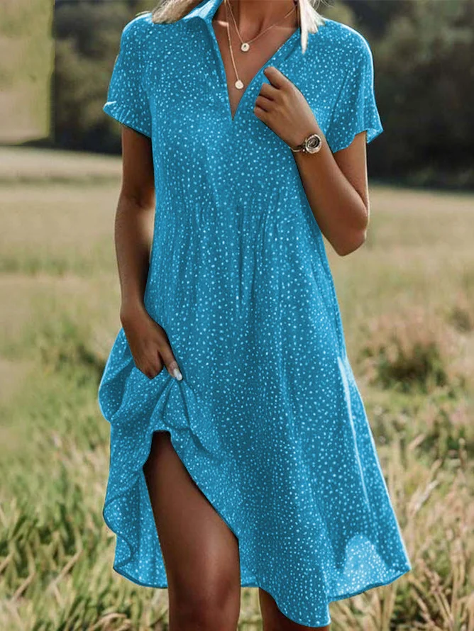 Femmes Pois Polka Bleu Col Châle Confortable Imprimé Robe de Longueur Au Genou Décontracté