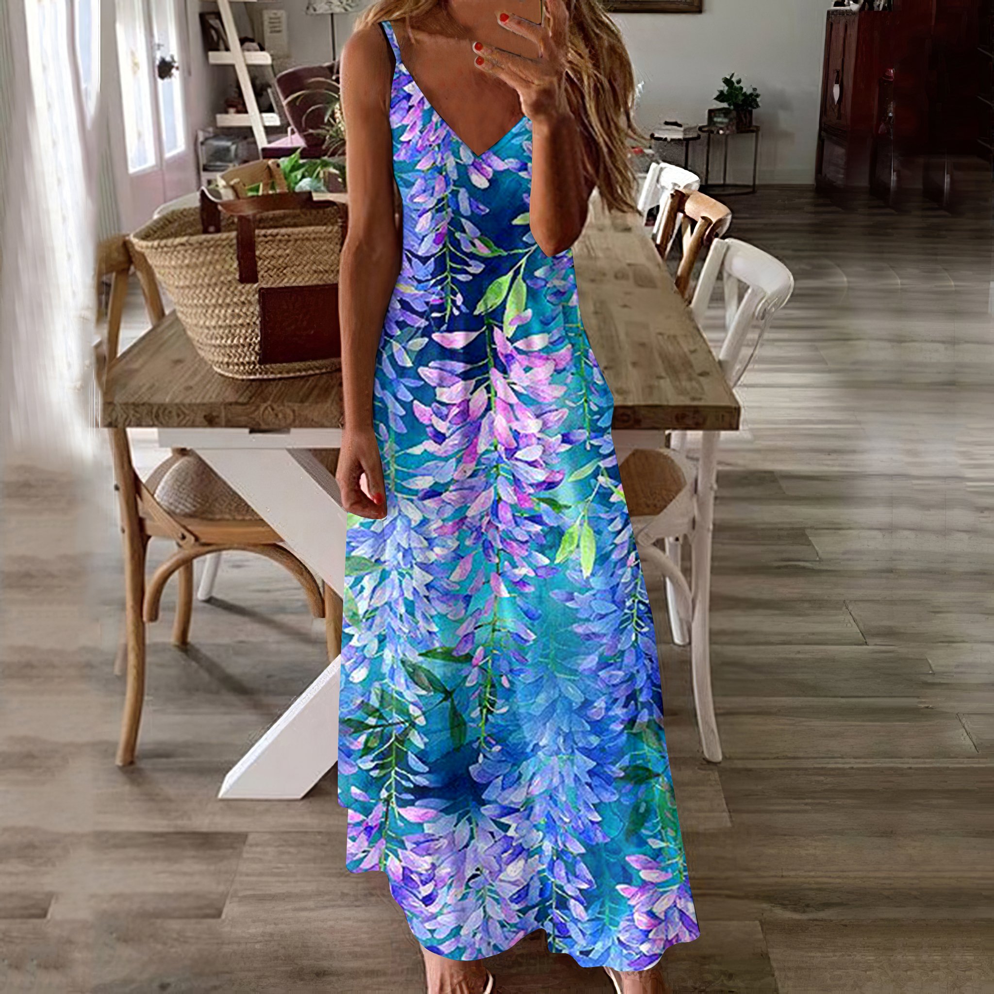 Femmes Floral Bleu à Bretelles Confortable Robe Maxi Décontracté