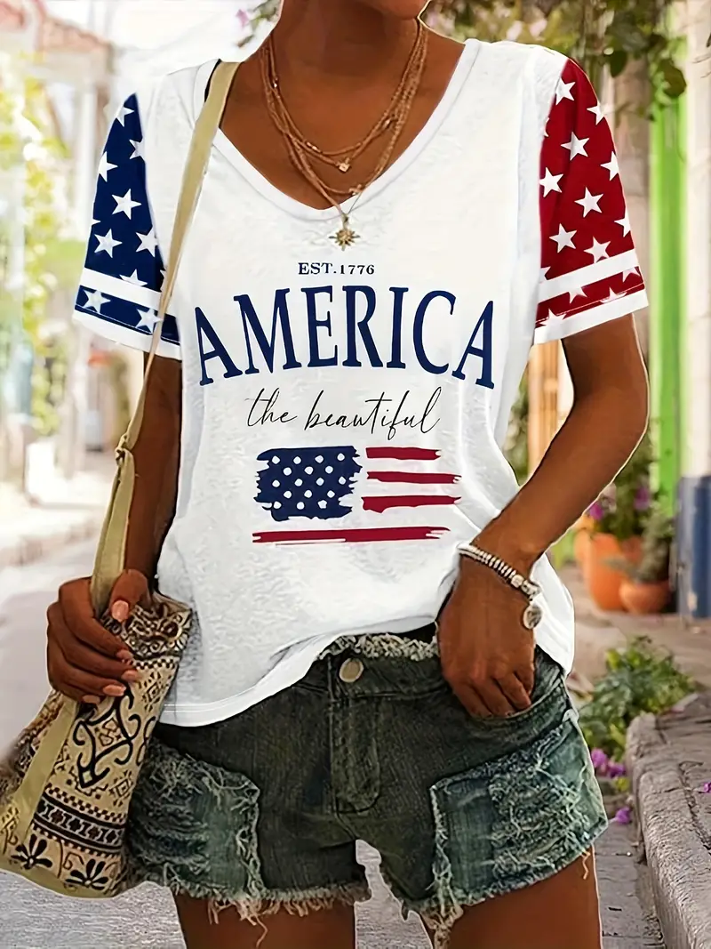 T-shirts Décontracté Été Drapeau des États-Unis Col V Micro-élasticité Quotidien Manches Courtes Régulier Régulier pour Femmes